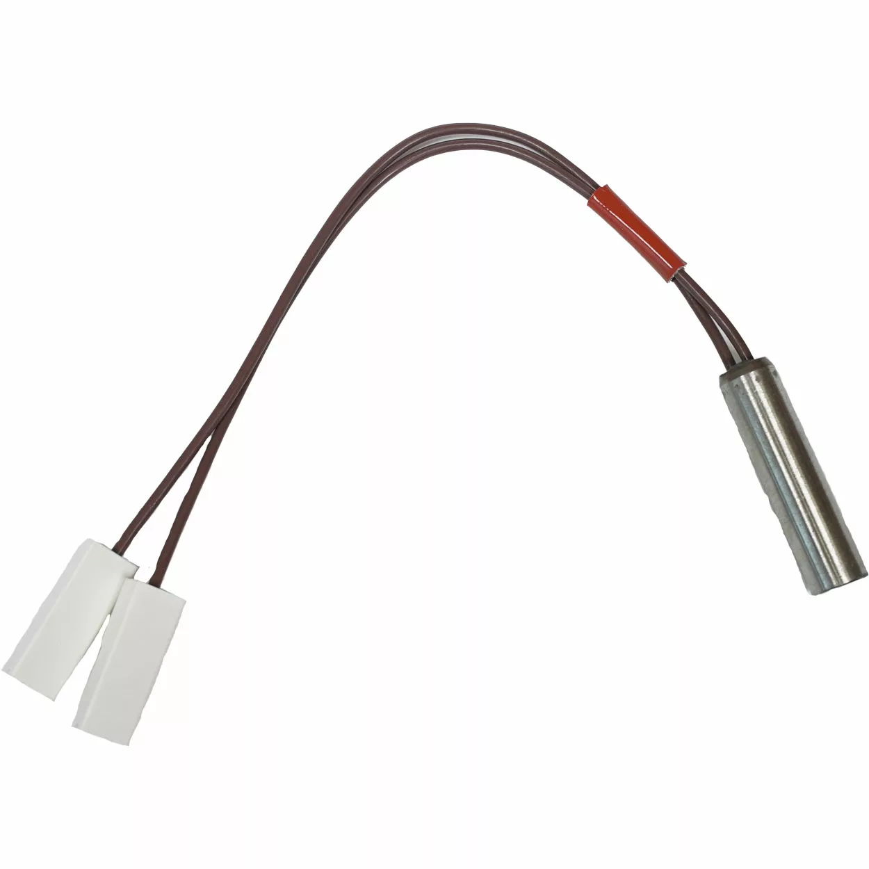 The Bezzera 5963306 Cartridge Heating Element 110V 100W is a metal cylindrical temperature sensor with two brown wires and white plastic connectors, ideal for compatible applications. © 2025 1st-line.com