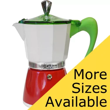 The G.A.T. Italian Stovetop Moka Pot features a red base, white middle, and green lid and handle—mirroring the Italian flag. A yellow banner says More Sizes Available, ideal for Italian coffee lovers!. © 2025 1st-line.com