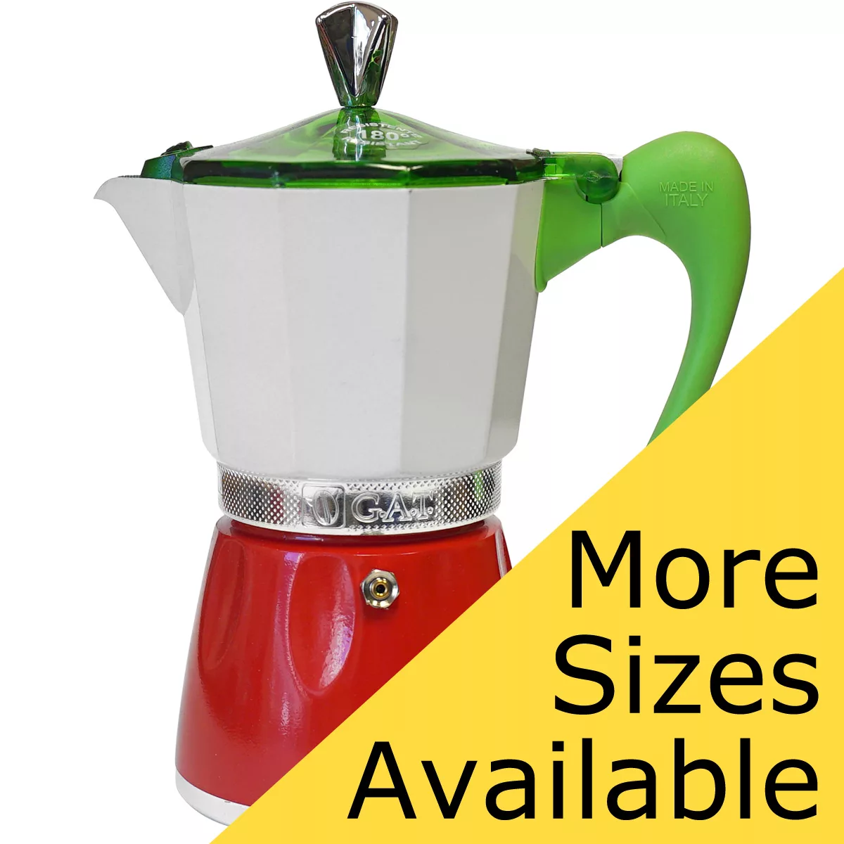 The G.A.T. Italian Stovetop Moka Pot features a red base, white middle, and green lid and handle—mirroring the Italian flag. A yellow banner says More Sizes Available, ideal for Italian coffee lovers!. © 2025 1st-line.com