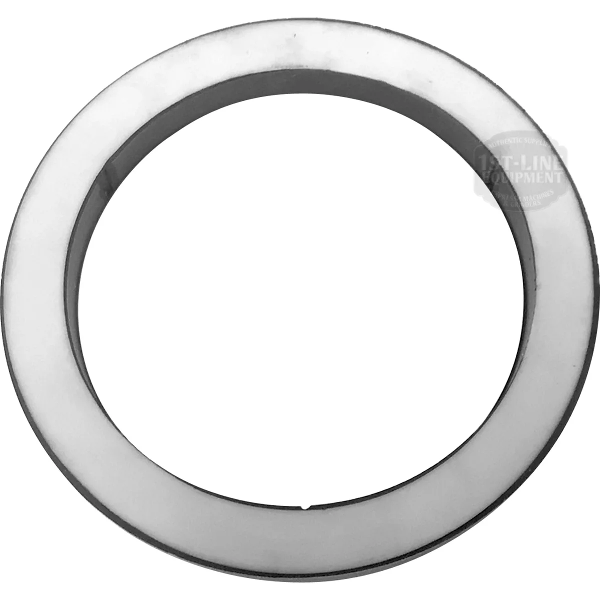 The Minimo E61 Portafilter Gasket, a metallic circular gasket with a smooth surface, is shown from above on a white background. © 2025 1st-line.com