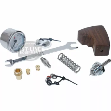 The Lelit PLA2206 Dark Walnut Flow Control Kit includes a pressure gauge, wrench, dark walnut handle, metal spring, nozzle, brass fittings, small screws, and wires—all arranged on a white background. © 2025 1st-line.com