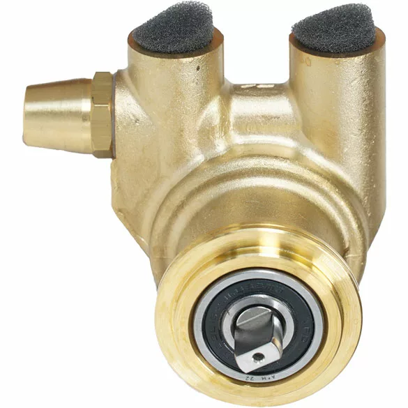 A brass-colored NUERT Rotary Vane Pump 50L/H with two vertical cylindrical openings covered by black foam, a left-side nozzle, and a central round part featuring a ball bearing and key slot. © 2025 1st-line.com