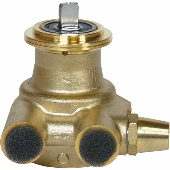 A NUERT brass water valve featuring a round base, two black foam-covered front ports, a top vertical control stem, and an angled side connector—perfect for use with the NUERT Rotary Vane Pump 50L/H system. © 2025 1st-line.com