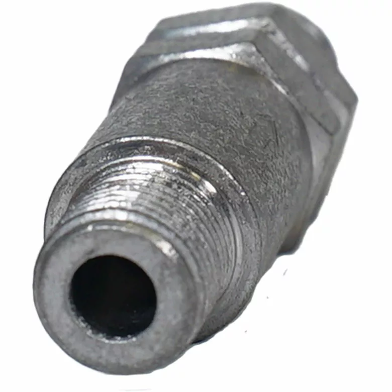 Close-up of a metal hexagonal threaded connector, part of the VBM VALVNONRITDOM Non-Return Valve for plumbing or mechanical applications, shown against a white background. © 2025 1st-line.com