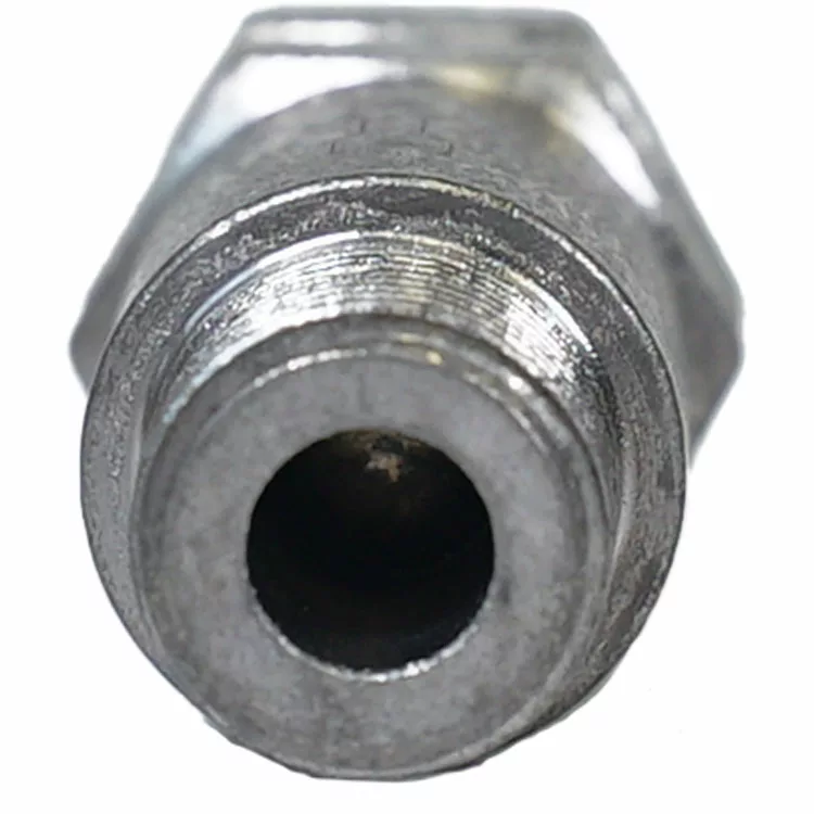 Close-up of a metal threaded pipe fitting for the VBM VALVNONRITDOM Non-Return Valve, showing its circular opening, screw threads, and hexagonal base. © 2025 1st-line.com