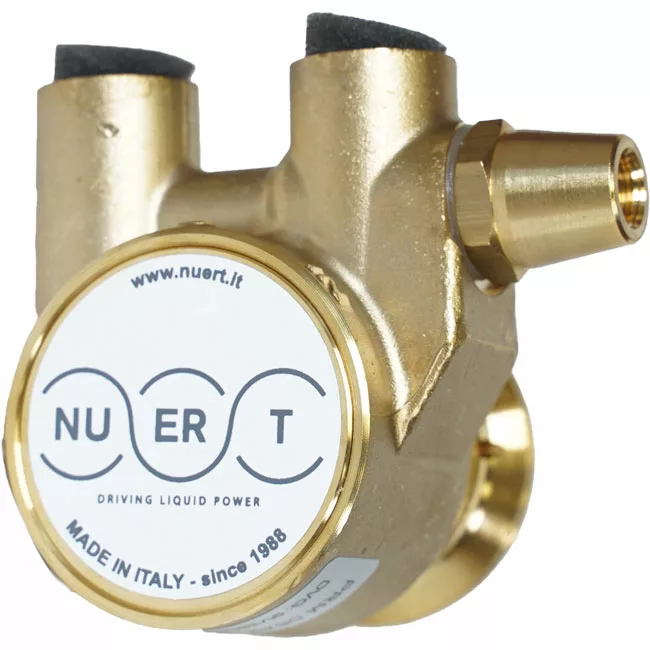 Close-up of a NUERT Rotary Vane Pump 50L/H hydraulic component, labeled Driving Liquid Power, featuring two upward outlets and a side outlet. Made in Italy since 1988. Visit www.nuert.it for more details. © 2025 1st-line.com