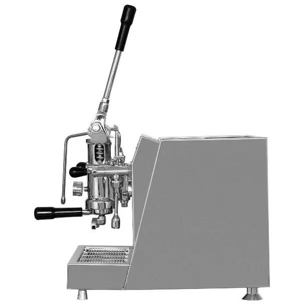 Side view of the ACS Vesuvius EVO Leva Espresso Machine w/ SS & DCS, featuring a metal body, exposed mechanisms, long black top handle, portafilter handle, and four short feet. © 2025 1st-line.com