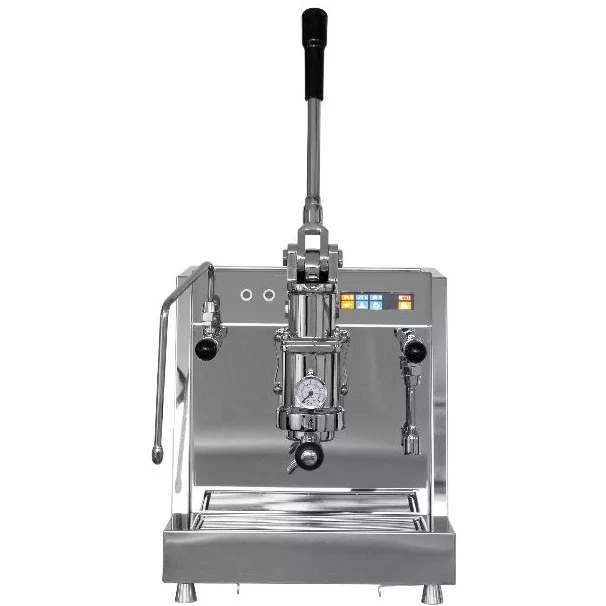 The ACS Vesuvius EVO Leva Espresso Machine w/ SS & DCS is a stainless steel manual espresso maker featuring a large lever handle, pressure gauge, steam wand, digital display, and drip tray, shown from the front. © 2025 1st-line.com