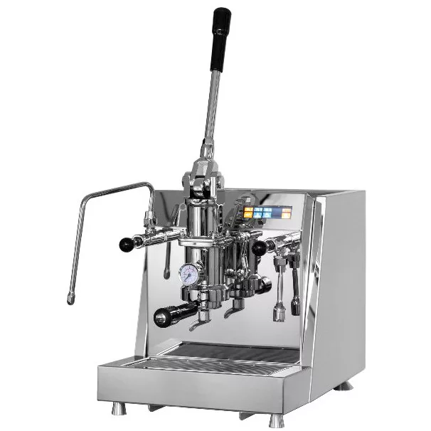 The ACS Vesuvius EVO Leva Espresso Machine w/ SS & DCS is a stainless steel manual espresso maker with a lever, control knobs, pressure gauge, and metal drip tray, shown on a plain white background. © 2025 1st-line.com