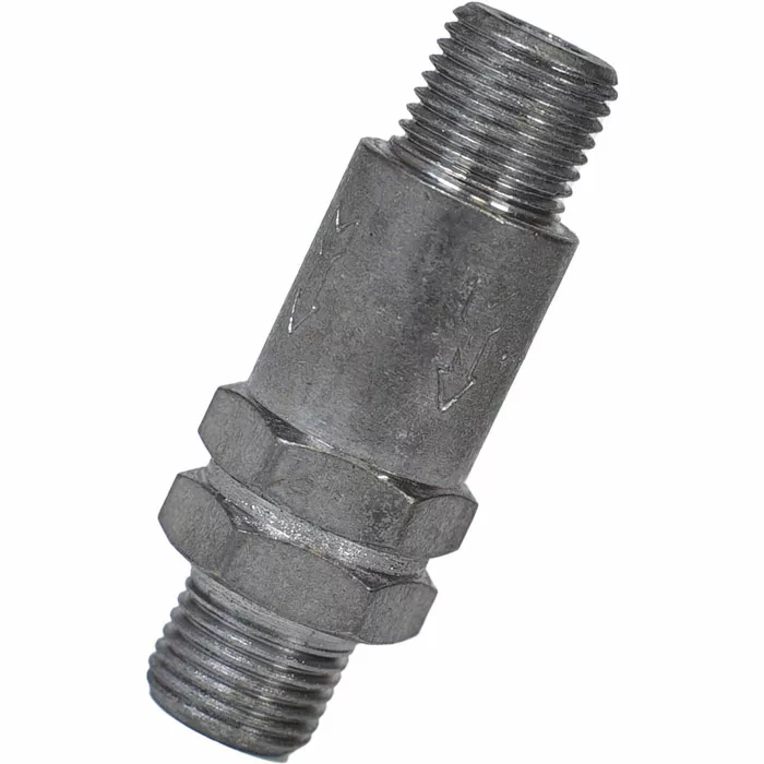 The VBM VALVNONRITDOM Non-Return Valve features a metal body, threaded ends, hexagonal center section, and flow direction arrows for controlled fluid flow in piping systems. © 2025 1st-line.com