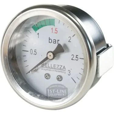 A close-up of the Bellezza IN.064.036 Inizio Steam Pressure Gauge Black shows its silver frame, green zone from 0.8 to 1.5 bar, and a needle near 1.5, as featured on the Bellezza Inizio and measuring steam pressure in bars. © 2025 1st-line.com