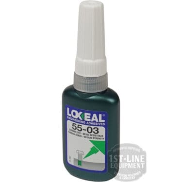 A 10ML LOXEAL 55-03 Foodsafe Threadlock, featuring a white nozzle and green cap, stands upright on a white background. It is labeled as a medium strength foodsafe threadlocker adhesive. © 2025 1st-line.com