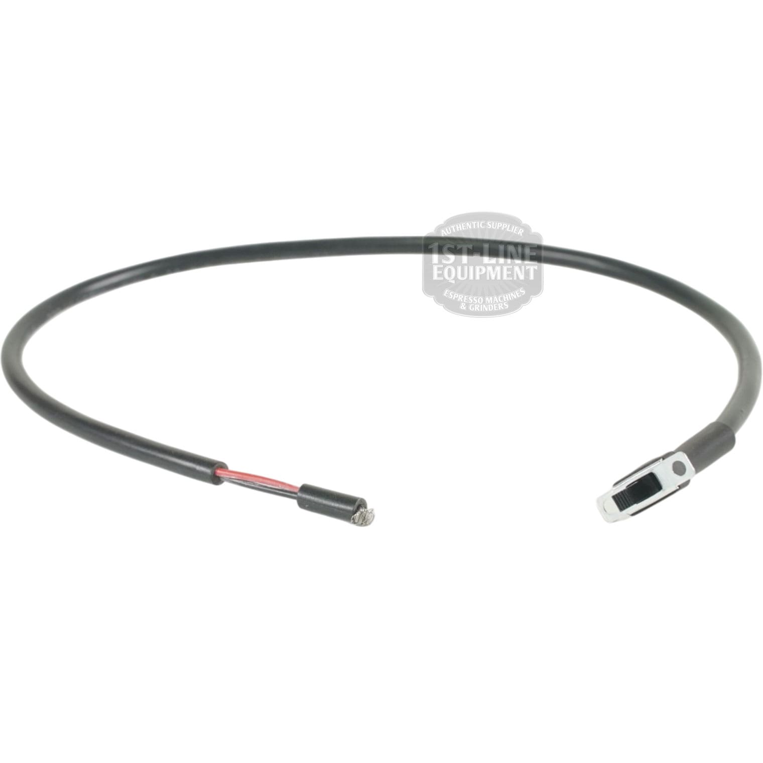 A black cable with a metal clip and exposed wires at one end, plus a connector with a silver housing at the other, is shown on a white background—perfect for use with the VBM ELETCAVMICRSCOR Wired Slide Switch. © 2025 1st-line.com