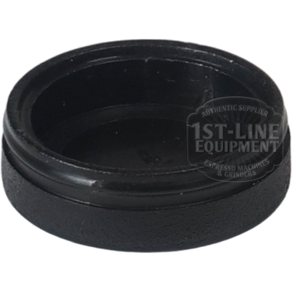 A black, round plastic end cover/cap for the ACS MIN0072 Minima Steam Wand Valve, featuring a textured side and smooth inner surface, is shown on a white background with the 1st-Line Equipment watermark on the right. © 2025 1st-line.com