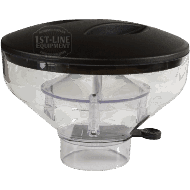 A clear plastic Quamar RMM800017 250G Bean Hopper Assembly with a black lid, designed to fit on top of a portafilter, is shown on a white background with the faint 1st-Line Equipment logo visible on the lid. © 2025 1st-line.com
