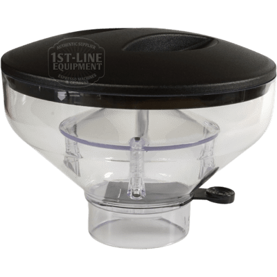 A clear plastic Quamar RMM800017 250G Bean Hopper Assembly with a black lid, designed to fit on top of a portafilter, is shown on a white background with the faint 1st-Line Equipment logo visible on the lid. © 2025 1st-line.com