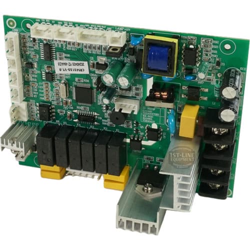 A close-up of an electronic circuit board with capacitors, relays, connectors, a transformer, and heat sinks mounted on the green Bellezza IN.005.016 Inizio Power Board 110V. © 2025 1st-line.com
