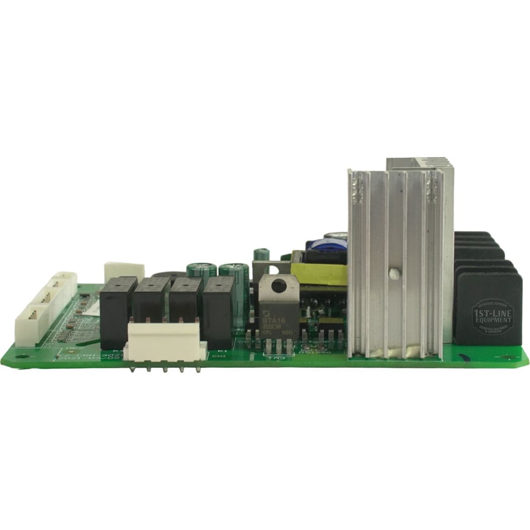 A close-up of the Bellezza BE.004.002 Bellona Power Board 110V circuit shows relays, a large metallic heatsink, connectors, and capacitors from a horizontal angle. © 2025 1st-line.com