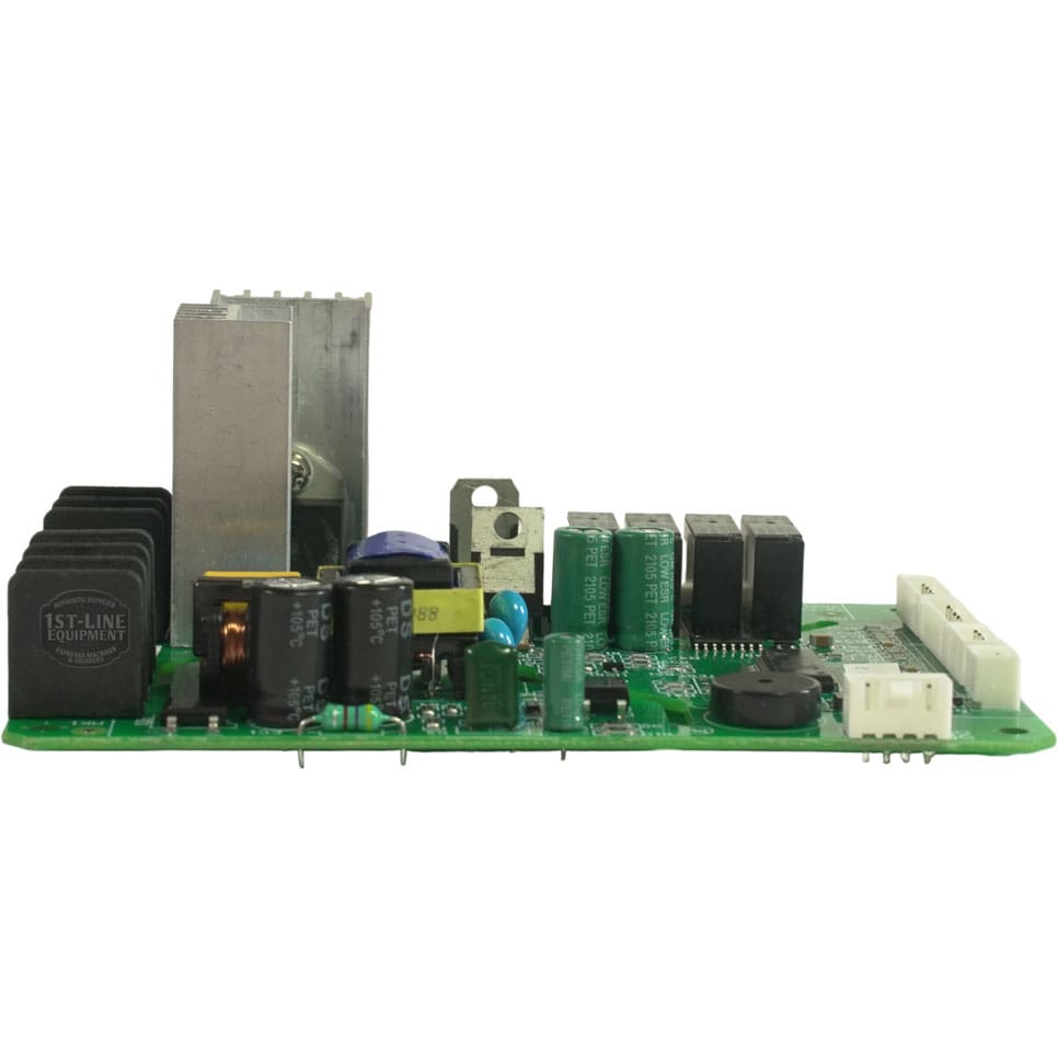 A close-up of the Bellezza BE.004.002 Bellona Power Board 110V shows capacitors, relays, connectors, and a heat sink on a green PCB, compatible with 110V systems and isolated on a white background. © 2025 1st-line.com