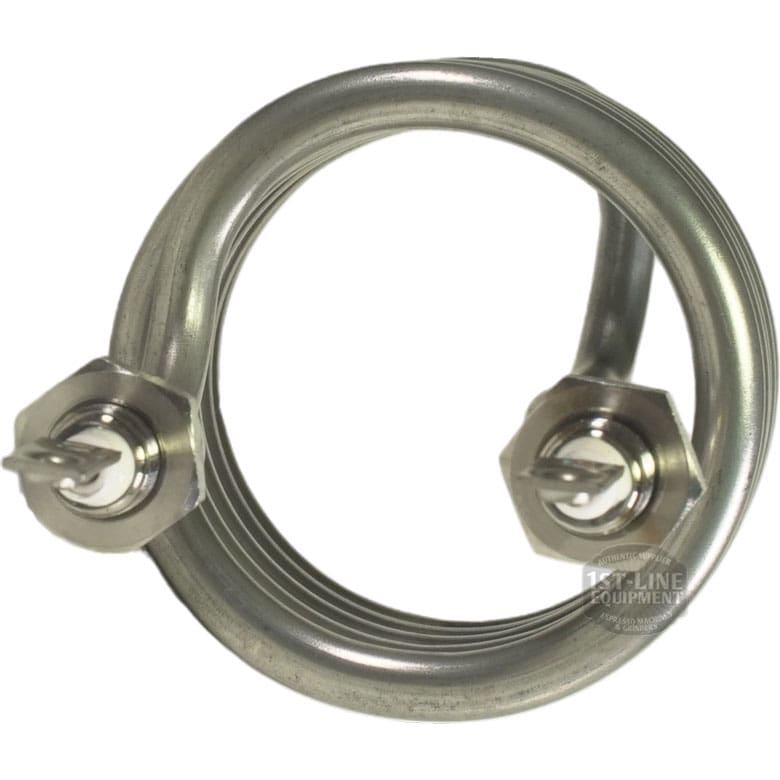 A close-up of the Bellezza BE.090.013 1000W 120V Bellona Coffee Boiler Heating Element, featuring a coiled metal design with two terminal connectors, ideal for espresso machines and water boilers. © 2025 1st-line.com