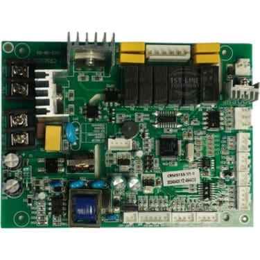 A close-up of the Bellezza IN.005.016 Inizio Power Board 110V shows green circuitry with capacitors, resistors, relays, connectors, and chips arranged across its surface for 110V applications. © 2025 1st-line.com