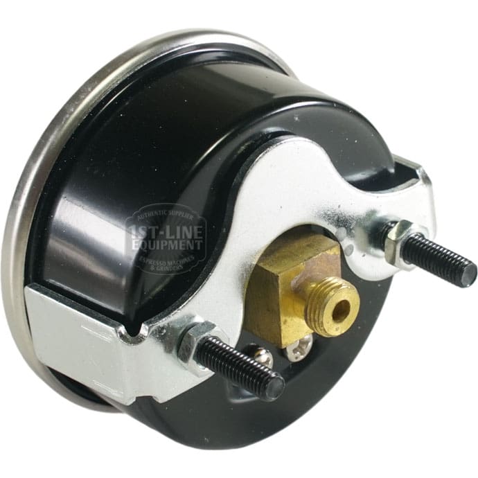 A close-up of the Bellezza IN.064.038 Inizio Pump Pressure Gauge Black shows its round black metal body, brass threaded connector, and two rear mounting studs—highlighting connector fittings ideal for Bellezza or Inizio Pump use. © 2025 1st-line.com