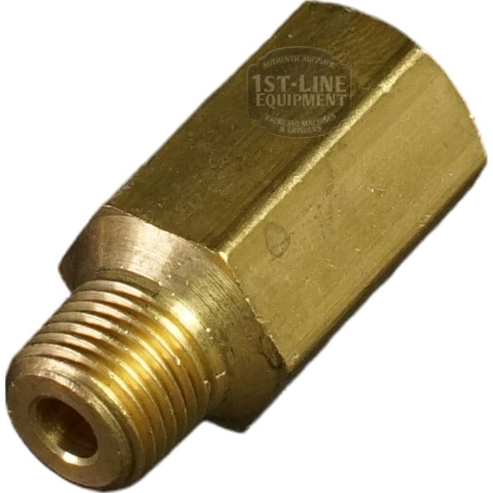 A close-up of the Bezzera 5302085 Fitting 1/8GF x 1/8GC, showing its brass adapter design with an internal hexagonal end. © 2025 1st-line.com