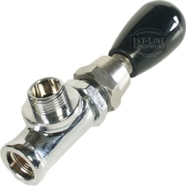 A close-up of the Bezzera 5964085.02AL Black Knob Steam Valve Assembly, featuring a chrome-plated body, black knob handle, and threaded connectors for attaching to espresso machines. © 2025 1st-line.com