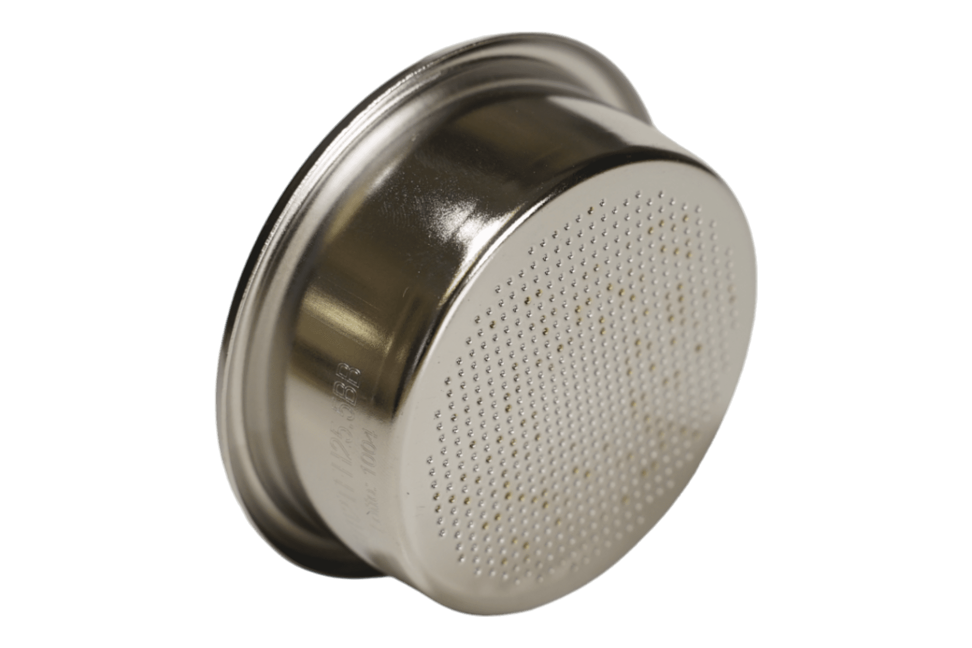 A close-up of the IMS Big Bang 2-cup filter basket 20/22.5 grams D.58, featuring a 58mm diameter and numerous small bottom holes, designed to hold coffee grounds during brewing. © 2025 1st-line.com