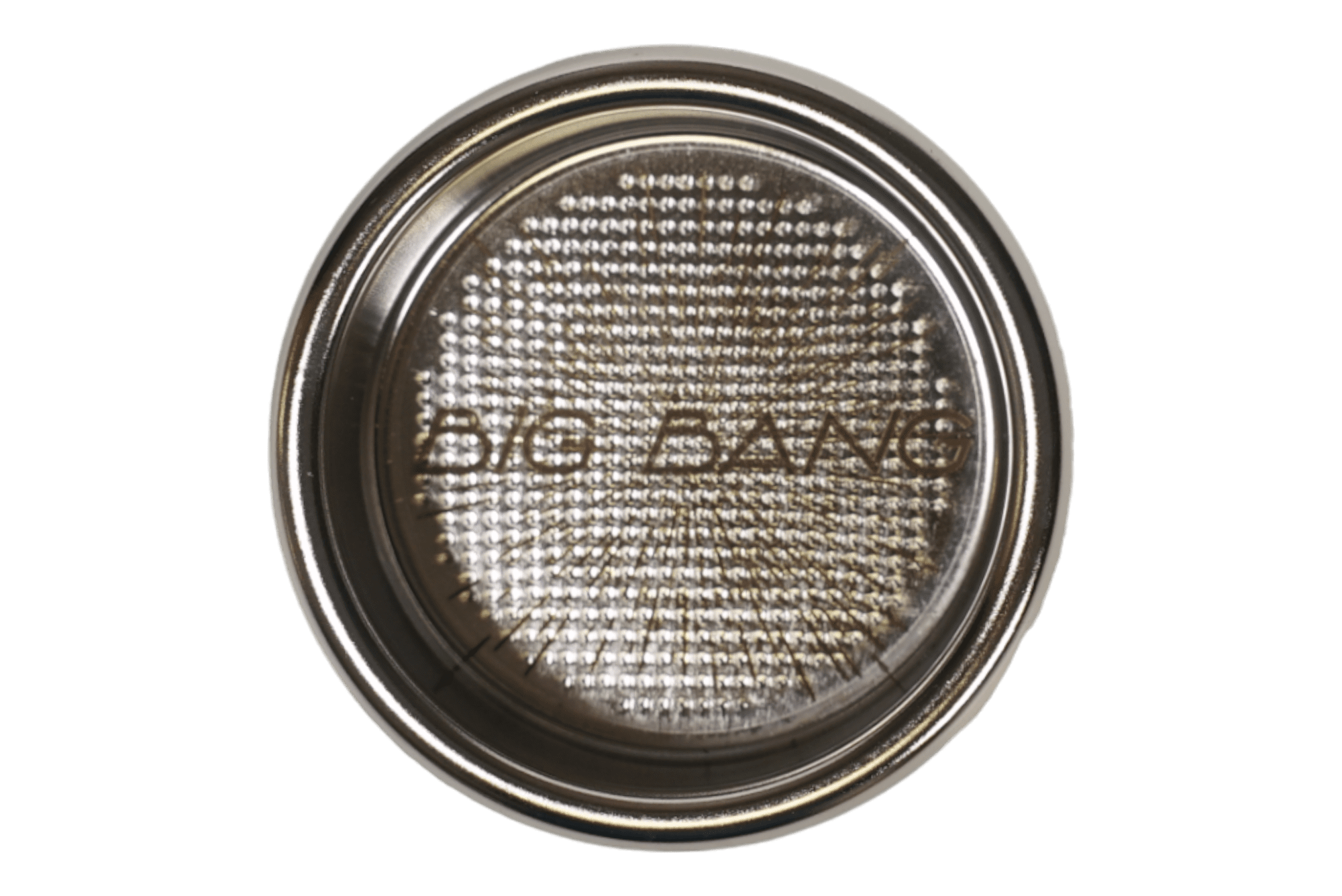 A close-up of the IMS Big Bang 2-cup filter basket 20/22.5 grams D.58, featuring small holes and “BIG BANG” faintly visible on the metal surface, designed to hold 20 to 22.5 grams of espresso. © 2025 1st-line.com