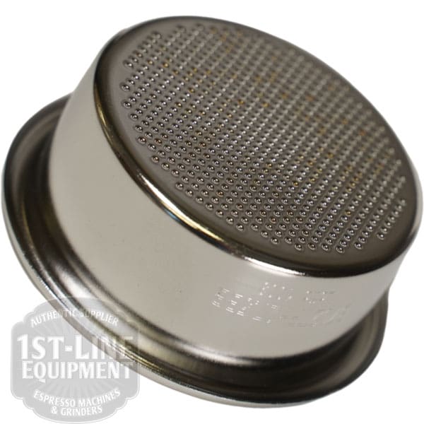 A close-up of the IMS Big Bang 2-cup Filter Basket 22/24.5 grams D.58, a 58mm metal espresso portafilter basket with fine holes for holding coffee grounds, features the 1st-Line Equipment logo watermark in the bottom left corner. © 2025 1st-line.com