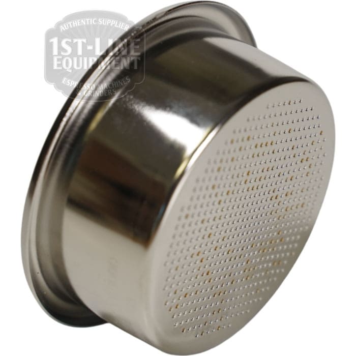 A close-up of the IMS Big Bang 2-cup Filter Basket 22/24.5 grams D.58, highlighting its numerous bottom holes designed for holding coffee grounds during brewing. © 2025 1st-line.com