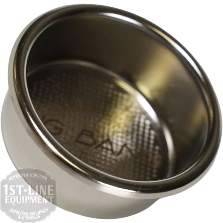 A close-up of the IMS Big Bang 2-cup Filter Basket 22/24.5 grams D.58 shows its shiny, perforated 58mm design, ideal for even extraction and rich coffee in 2-cup servings. © 2025 1st-line.com