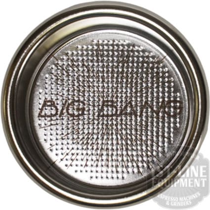 A close-up shows the IMS Big Bang 2-cup Filter Basket 22/24.5 grams D.58 with its name engraved on the metallic, perforated 58mm portafilter surface. © 2025 1st-line.com