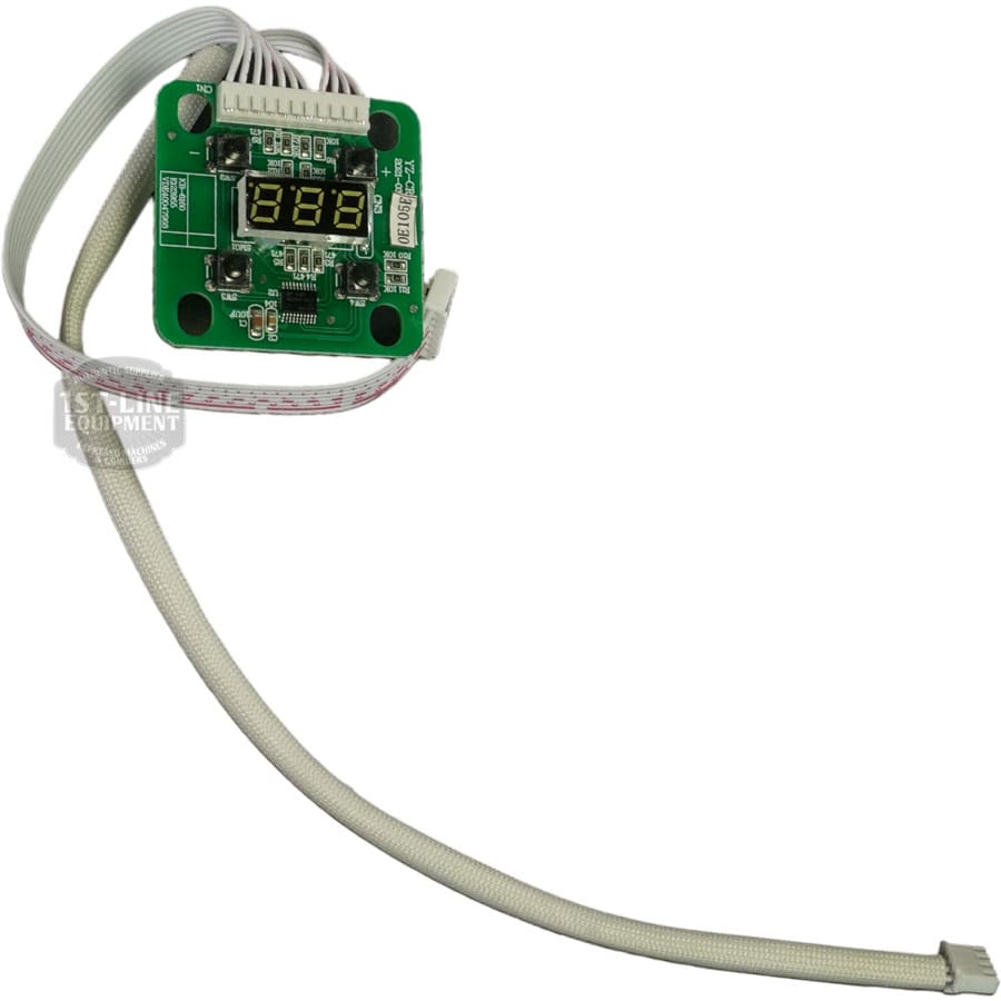 A compact Bellezza BE.001.017 Version 1 Display Board in green, featuring a digital LED display, buttons, multiple connectors, and a long white-sheathed ribbon cable. © 2025 1st-line.com