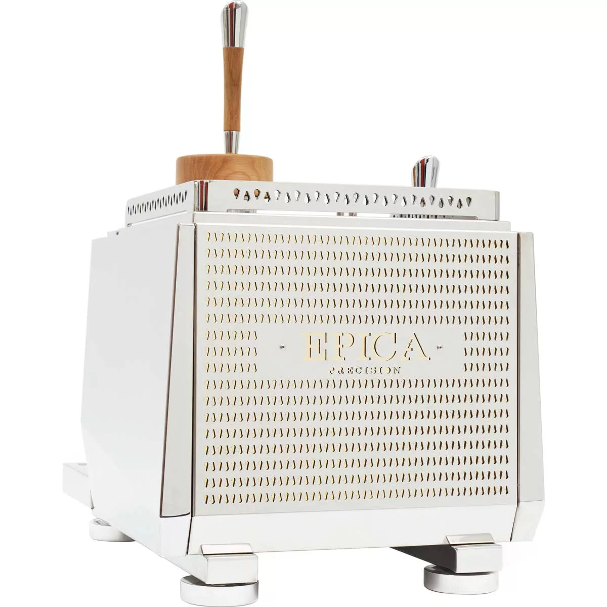 A modern, silver Rocket Epica Espresso Machine with a perforated metal exterior and wooden handle sits elegantly on a white surface, with the brand name engraved on the side. © 2025 1st-line.com