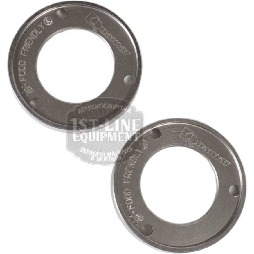 A set of two Quamar 260017 54 mm Q50 Grinding Burrs, each circular and metallic with central and three small holes, engraved FOOD FRIENDLY, displayed diagonally on a white background. © 2025 1st-line.com