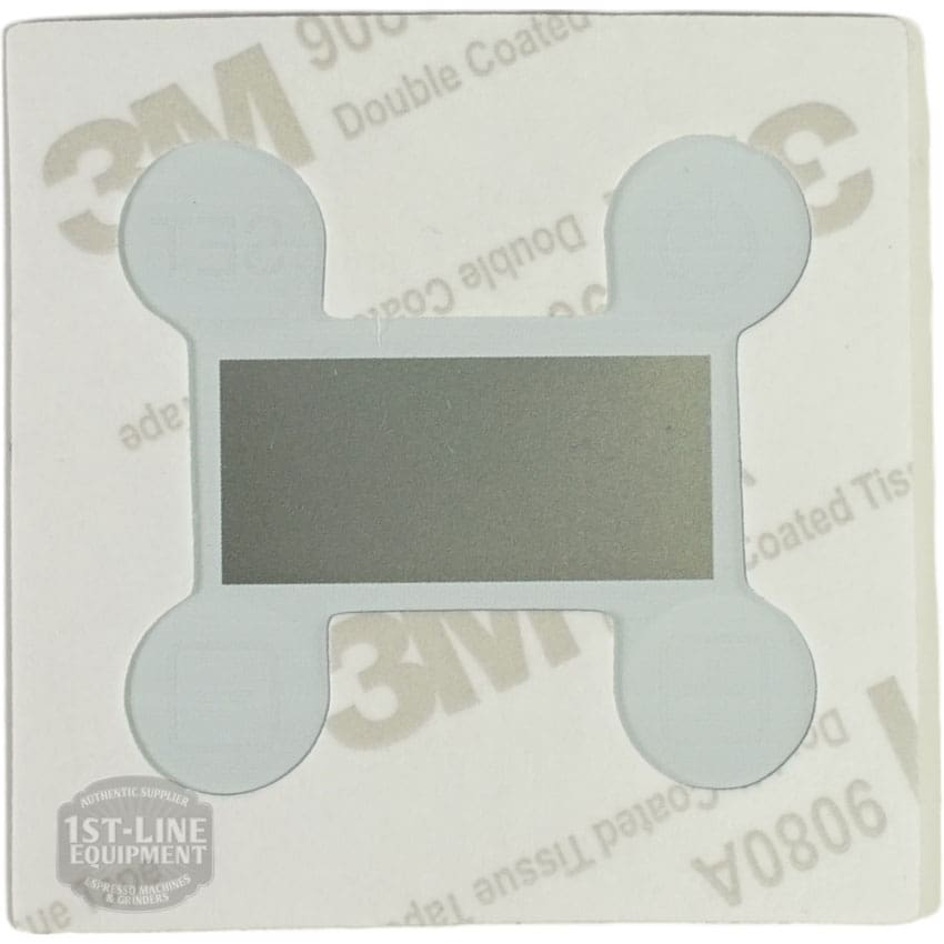 A square 3M double-coated adhesive pad featuring a silver rectangle in the center, four round white extensions at each corner, and the Bellezza BE.001.020 Bellona Version 1 Display Film logo in the bottom left corner. © 2025 1st-line.com