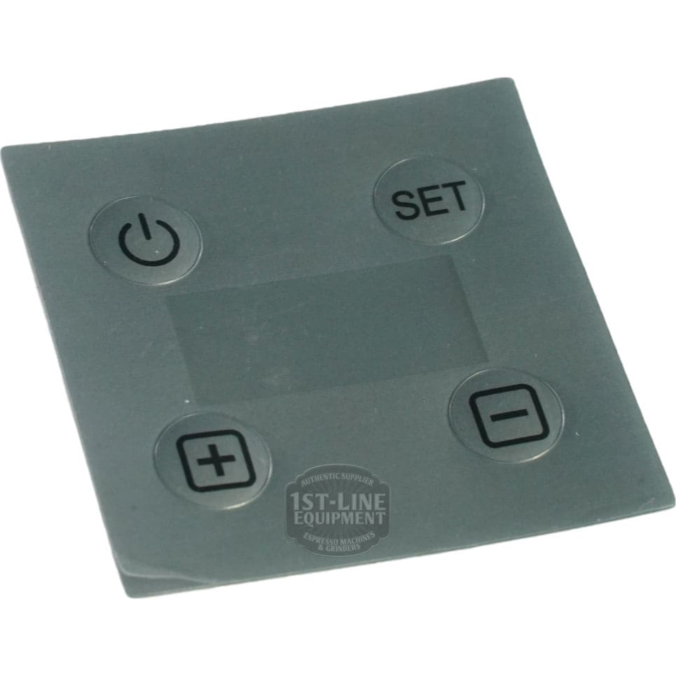 A square black rubber overlay compatible with Bellezza BE.001.020 Bellona Version 1 Display Film, featuring power, set, +, and – buttons at the corners and a central blank rectangular space. © 2025 1st-line.com