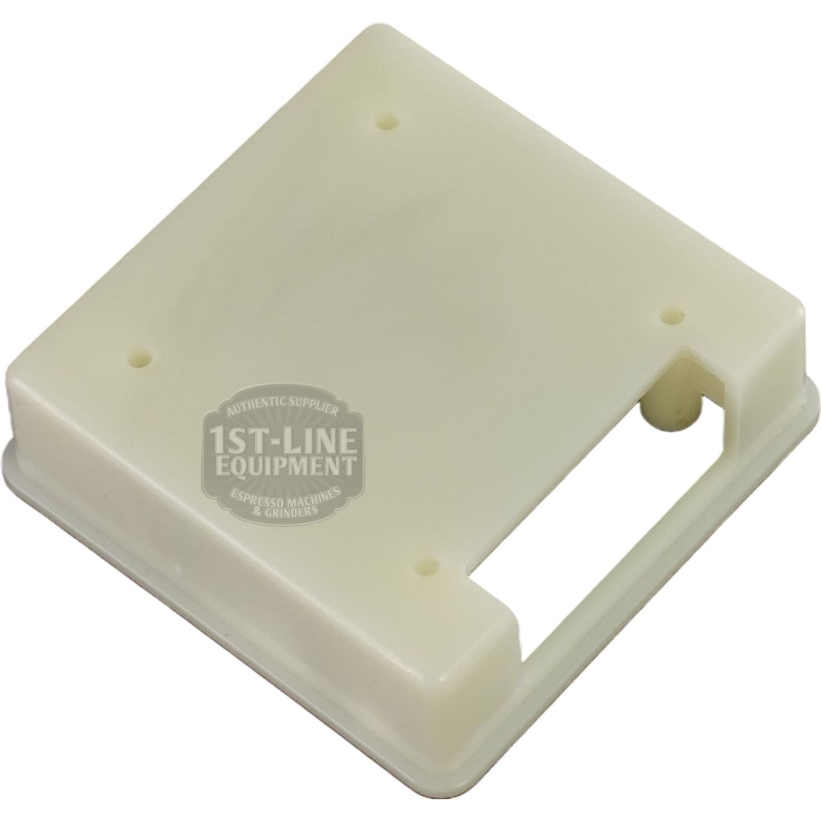 Beige plastic cover with rounded corners, a rectangular cutout, and a circular hole. Designed for the Bellezza BE.001.016 Version 1 Display Box, shown on a white background with a faint 1st-Line Equipment logo. © 2025 1st-line.com