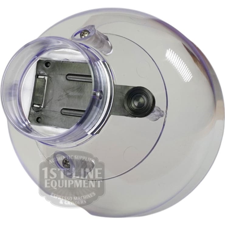 Clear plastic Quamar RMM800008 500 G Bean Hopper Assembly lid with built-in metal safety mechanism, viewed from above; for espresso machines or coffee grinders. 1st Line Equipment watermark at the bottom. © 2025 1st-line.com