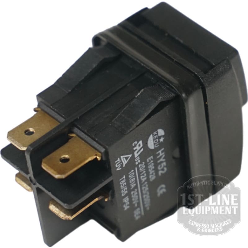 Close-up of a black Ascaso V.4299 Switch 250V 16A with gold metal prongs and certification markings on the side; the 1st Line Equipment logo is visible in the lower right corner. © 2025 1st-line.com