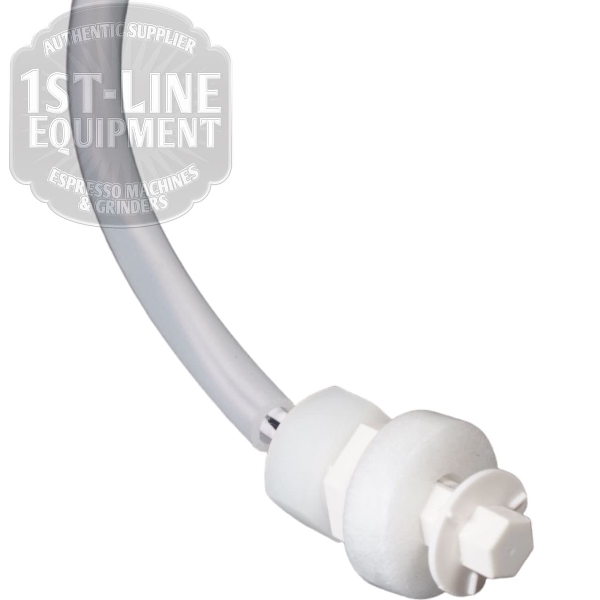 Close-up of a white and gray flexible tube with a plastic connector and foam ring, part of the ACS MIN0060 Minima Water Tank Float Switch. The 1st-Line Equipment logo appears watermarked in the upper left corner. © 2025 1st-line.com