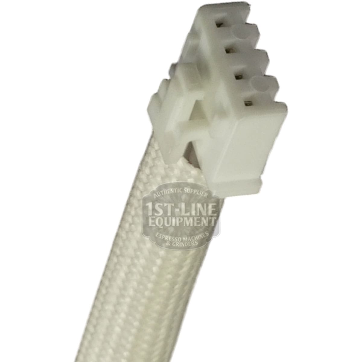 Close-up of a white, braided electrical cable with a rectangular 4-pin connector for the Bellezza BE.001.017 Version 1 Display Board, photographed on a plain background. © 2025 1st-line.com