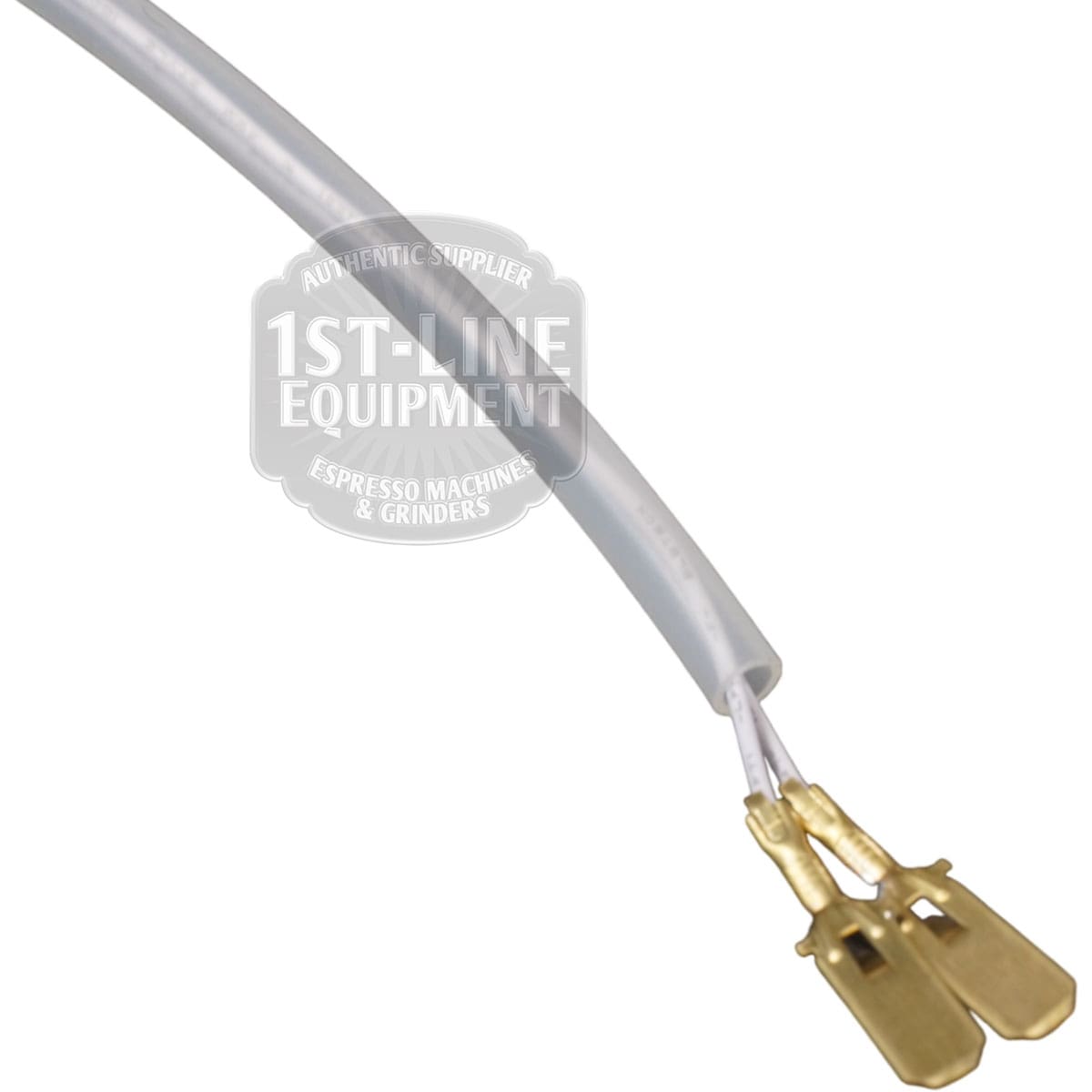 Close-up of a white insulated wire with two exposed gold-colored connectors, part of the ACS MIN0060 Minima Water Tank Float Switch. The background shows a semi-transparent 1st-Line Equipment logo. © 2025 1st-line.com