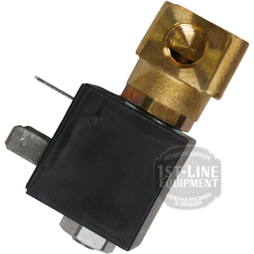 Close-up of an OLAB Solenoid Valve 2-Ways 230 Volt featuring brass and black components with metal connectors, partially displaying the 1st-Line Equipment logo—commonly used in espresso machines. © 2025 1st-line.com