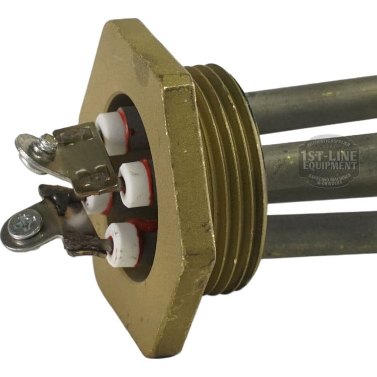 Close-up of Bellezza IN.076.010 Inizio Heating Element 120V, with a brass threaded hexagonal base and electrical terminals for easy installation in water heaters or boilers. © 2025 1st-line.com