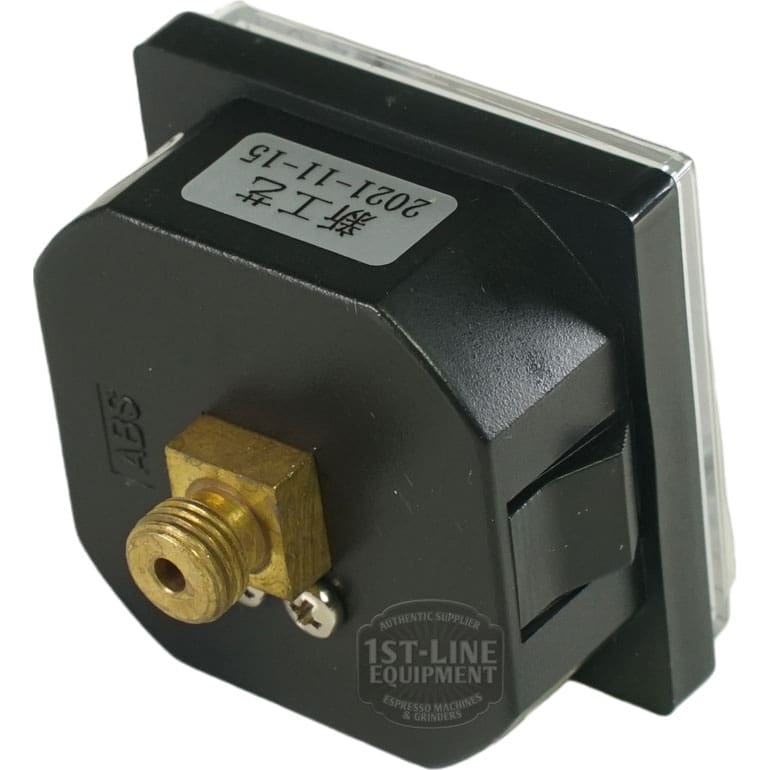 Close-up of the Bellezza BE.001.022 Bellona Pump Pressure Gauge, featuring a black ABS body, brass threaded connector, and gray labeled display—designed for Bellezza Bellona Pump setups. © 2025 1st-line.com