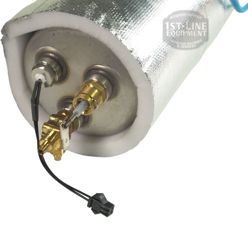 Close-up of the Bellezza BE.040.012 Bellona Steam Boiler Assembly (Version 1 ONLY) showing a cylindrical metal part with insulation, three terminals, brass fittings, and black wires with connector—viewed from the end. © 2025 1st-line.com