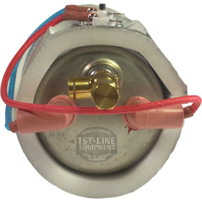 Close-up of the Bellezza BE.040.012 Bellona Steam Boiler Assembly - Version 1 ONLY, showing pink insulated terminals, brass fitting, and red/blue wires. The 1st-Line Equipment logo is seen on the cylindrical metal surface. © 2025 1st-line.com